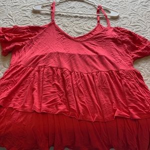coral babydoll cold shoulder ruffle top